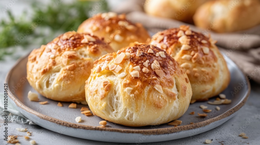 Freshly Baked Rolls with Almond Topping on a Rustic Plate Freshly Baked Rolls with Almond Topping on a Rustic Plate