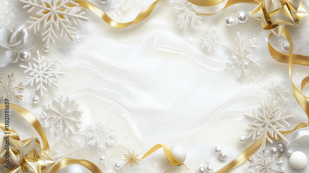 Elegant White and Gold Christmas Frame with Snowflakes and Ribbons Elegant White and Gold Christmas Frame with Snowflakes and Ribbons