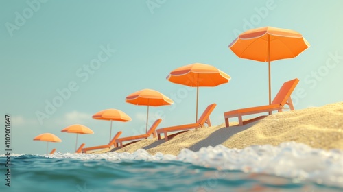 Orange umbrellas line the beach as the gentle waves meet the shore. A scene of relaxation and tranquility, ideal for summer vacation themes and coastal retreats. photo