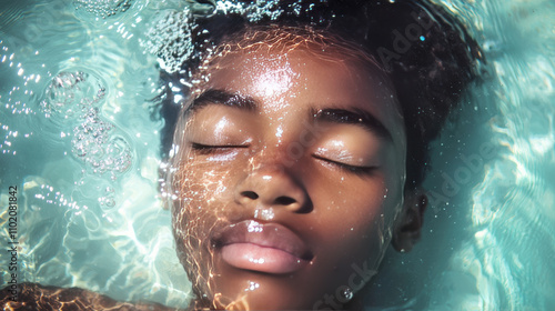 serene portrait of person submerged in water, eyes closed, with bubbles and light reflections creating tranquil atmosphere