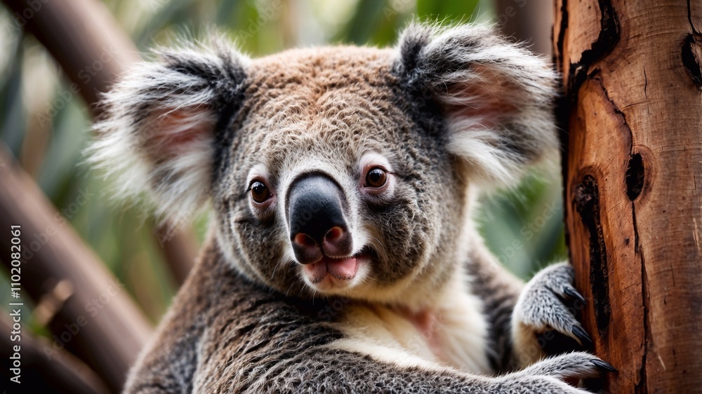 Obraz premium Koala on a tree with blurred green background