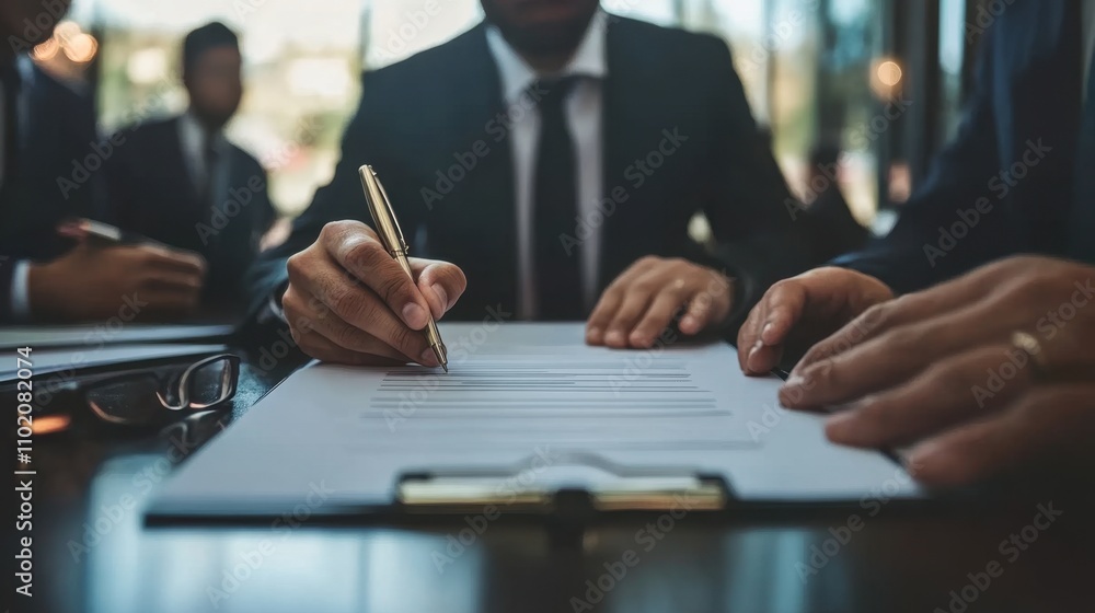 Business Professionals Signing Important Document in Modern Office Business Professionals Signing Important Document in Modern Office