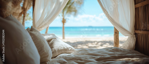 serene beach view from cozy bed, featuring soft pillows and flowing curtains. tranquil ocean and palm trees create peaceful atmosphere