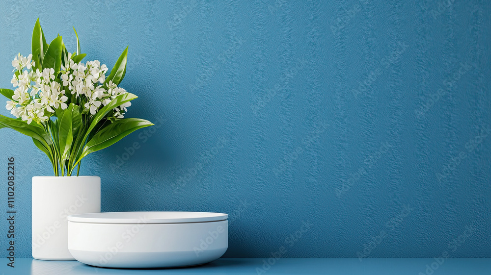 White flowers in vase on blue background create serene atmosphere White flowers in vase on blue background create serene atmosphere