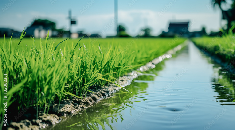Obraz premium Reflective Waterline Across Lush Green Rice Fields