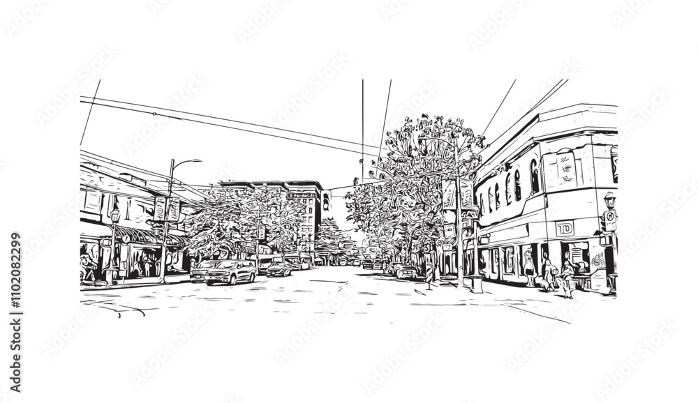 Print Building view with landmark of Vancouver is the city in Western Canada. Hand drawn sketch illustration in vector.