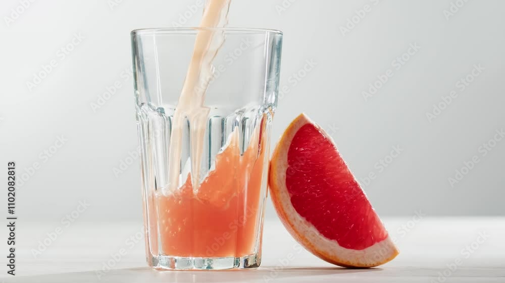 Woman pouring grapefruit juice from juicer into glass on colorful background, citrus vitamic c healthy fresh juice in cafe, morning breakfast drink.