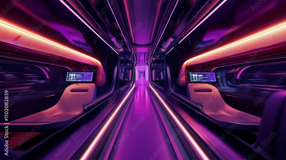 Stunning Interior Design of a Futuristic Pod Featuring Luxury Elements and Vibrant Lighting That Elevates the Travel Experience in a High-Speed Transportation System Stunning Interior Design of a Futuristic Pod Featuring Luxury Elements and Vibrant Lighting That Elevates the Travel Experience in a High-Speed Transportation System