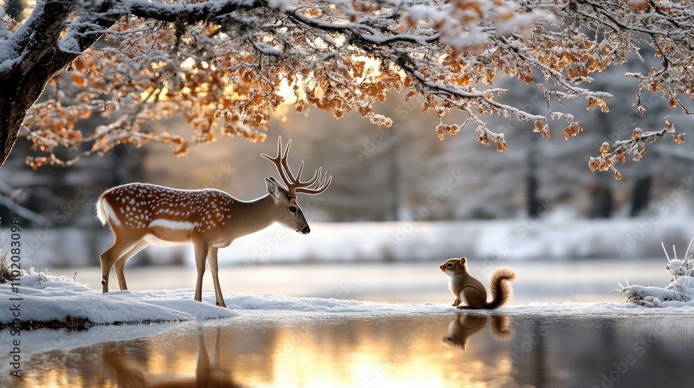 A deer gently nuzzles its fawn in a snowy forest setting during twilight. Soft, warm lights twinkle in the background, creating a serene and enchanting atmosphere A deer gently nuzzles its fawn in a snowy forest setting during twilight. Soft, warm lights twinkle in the background, creating a serene and enchanting atmosphere