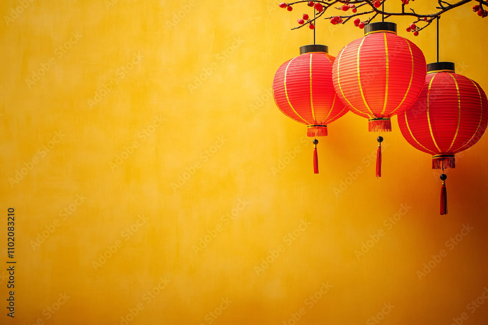 Obraz premium A vibrant image of red and yellow paper lanterns, ideal for decorating Chinese New Year celebrations or festive events, with space for text overlay.