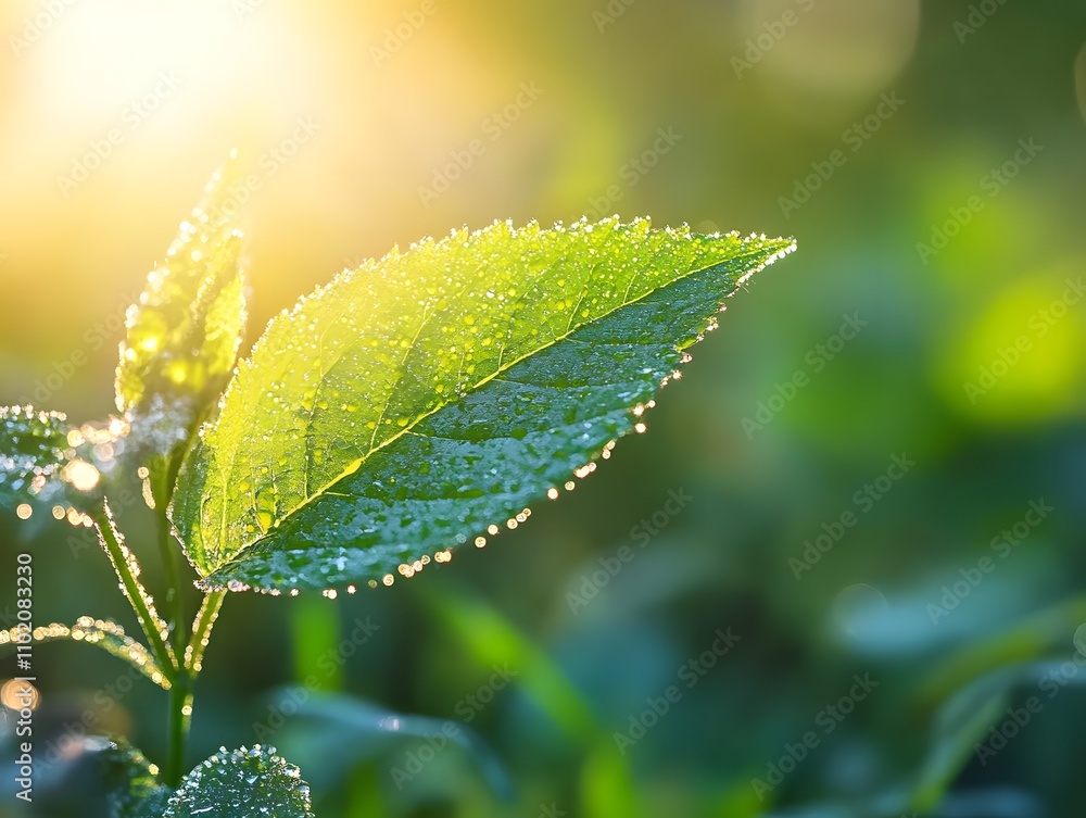 A close-up of fresh morning dew on a single green leaf, backlit by the warm morning sun A close-up of fresh morning dew on a single green leaf, backlit by the warm morning sun