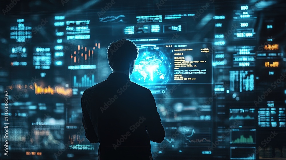 Man Analyzing Financial Data with a Hologram Chart Man Analyzing Financial Data with a Hologram Chart