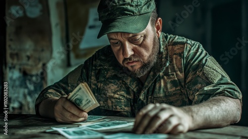 Soldier Counting Money in Rugged War Zone Camp