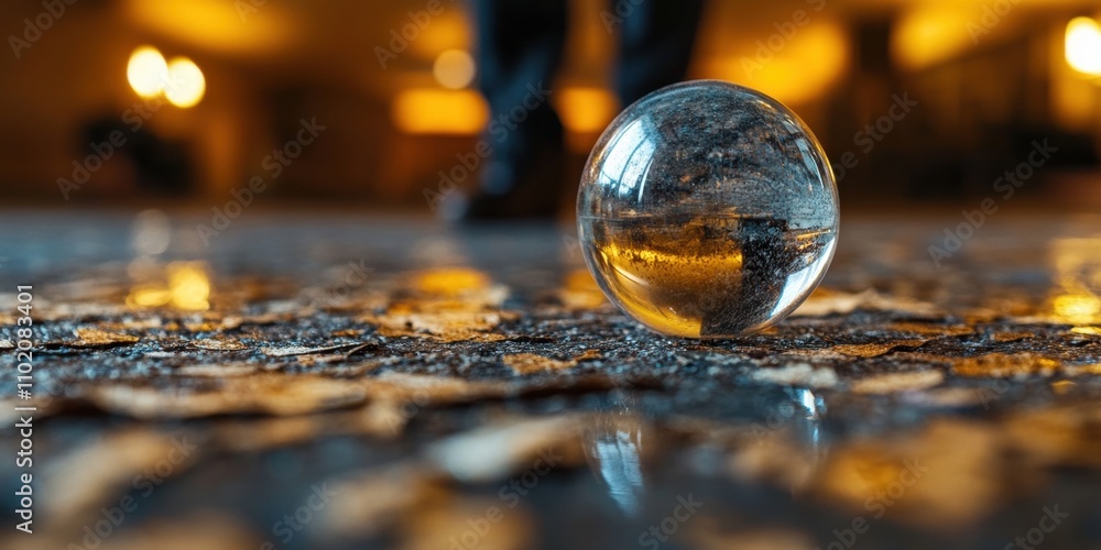 Intricately detailed image showcasing a clear glass sphere resting on a richly textured surface adorned with autumn leaves in a warmly lit environment Intricately detailed image showcasing a clear glass sphere resting on a richly textured surface adorned with autumn leaves in a warmly lit environment