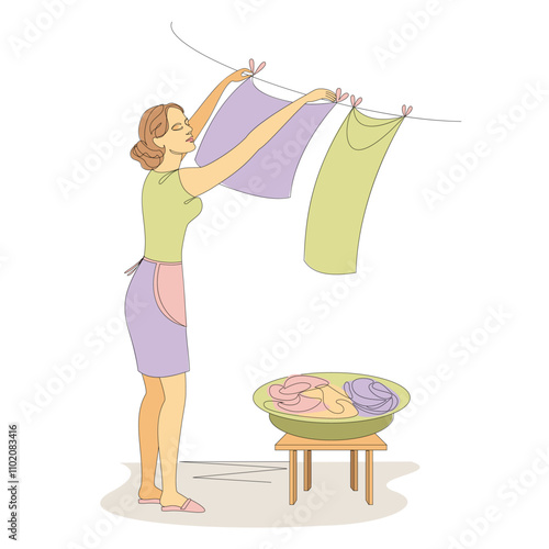 Silhouettes of the girl. Lady washes linen in a modern one line style. Continuous line drawing, aesthetic outline for home decor, posters, wall art, stickers, logo. Vector illustration.