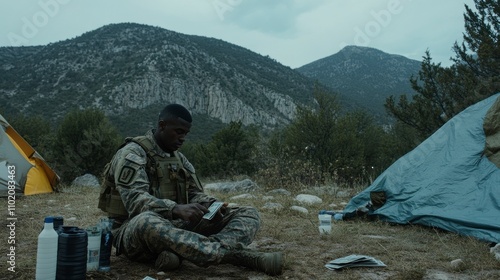 Soldier Counting Money in Rugged Camp Environment