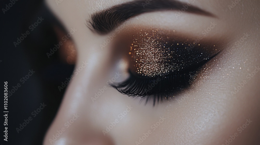 Fototapeta premium Elegant Eye Makeup with Glitter and Dramatic Winged Liner