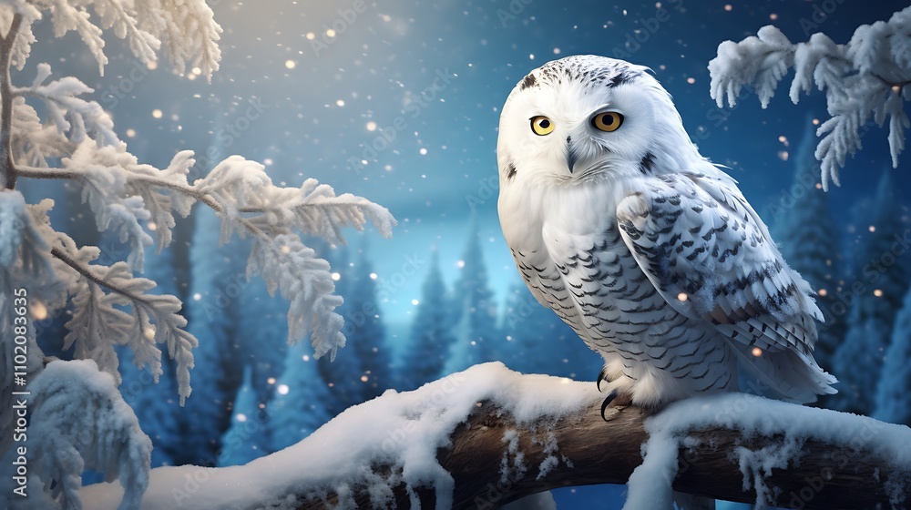 A magical snow owl perched on a frost-covered branch, overlooking a peaceful winter landscape aglow with the spirit of Christmas.