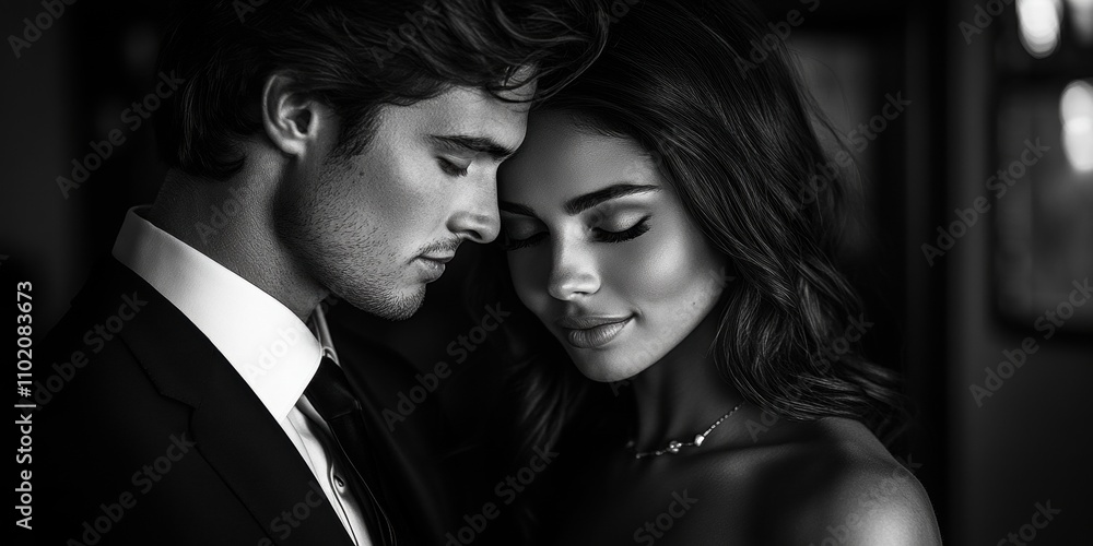 Fototapeta premium A serene and intimate moment captured in monochrome showcasing a man and woman embracing in a peaceful, elegant setting with strong emotional connection