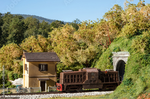 Modello ferroviario su diorama realistico e paesaggio naturale. photo