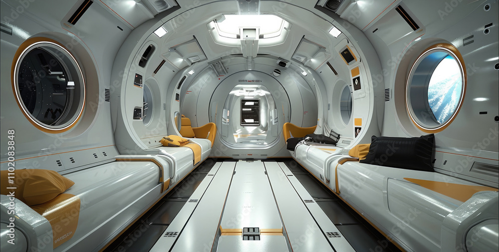 Interior view of a spaceship cabin as it flows through deep space. Interior view of a spaceship cabin as it flows through deep space.