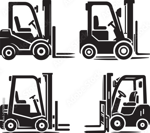 Forklift icons, industrial machinery silhouettes, 