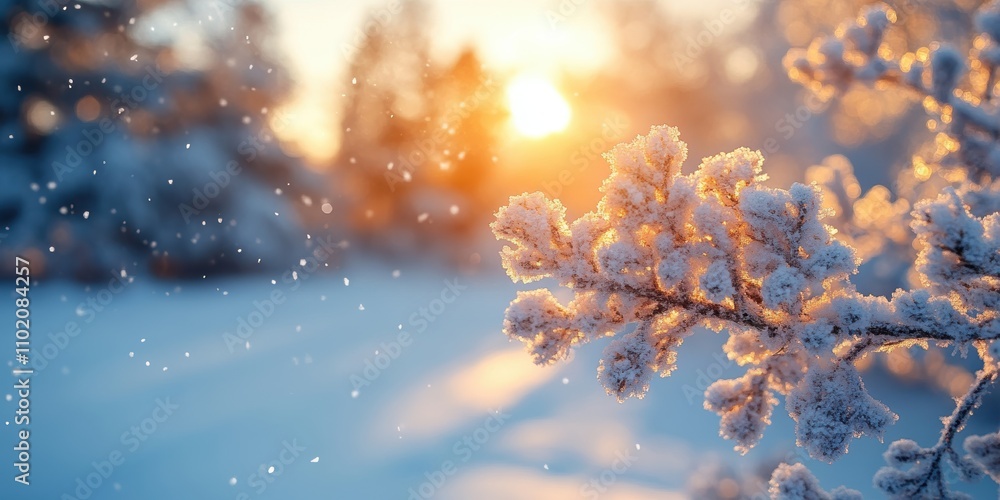 A serene winter landscape depicting snow-covered branches glistening in the warm glow of a golden sunset, evoking a sense of tranquility and natural beauty A serene winter landscape depicting snow-covered branches glistening in the warm glow of a golden sunset, evoking a sense of tranquility and natural beauty