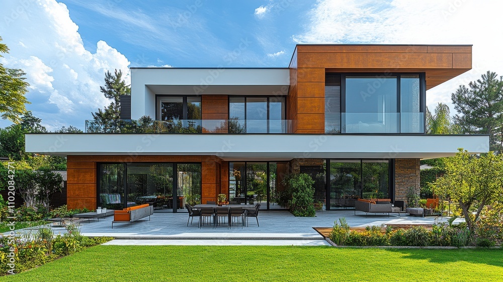 Modern architectural marvel featuring a spacious backyard and glass walls in sunny weather Modern architectural marvel featuring a spacious backyard and glass walls in sunny weather