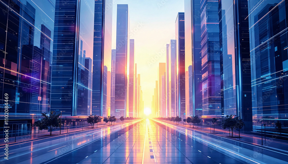 Sunset over a futuristic city skyline with towering skyscrapers and a vibrant orange glow illuminating the urban landscape Sunset over a futuristic city skyline with towering skyscrapers and a vibrant orange glow illuminating the urban landscape