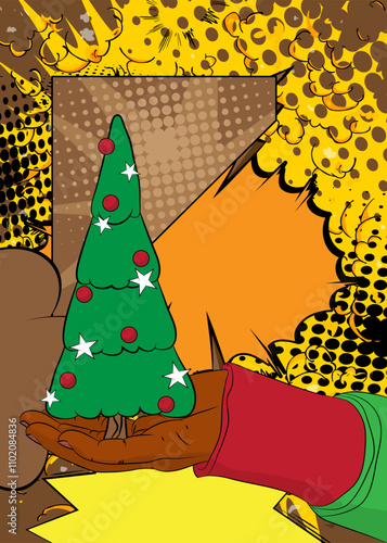 Cartoon, comic book human hands holding Christmas decorated pine tree. Retro vector comics pop art design.