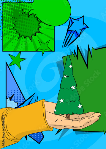 Cartoon, comic book human hands holding Christmas decorated pine tree. Retro vector comics pop art design.