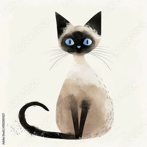 Playful and charming illustrated Siamese cat with striking blue eyes, perfect for pet lovers and animal enthusiasts. photo