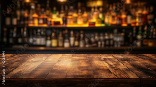 A polished wooden table shines, with a blurred bar counter and colorful bottles, hinting at lively gatherings.