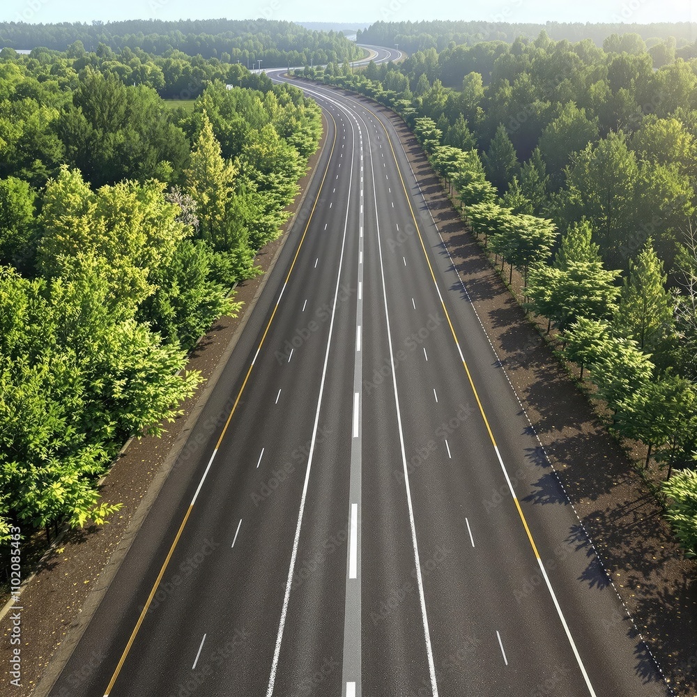 Aerial view of a long asphalt highway with road markings and trees, landscape, asphalt highway, driving, trees