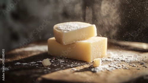 Cheese blocks dusted with flour on a wooden board in dramatic light photo