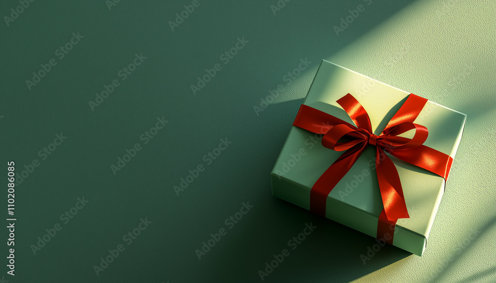 Christmas present box New year green gift box with red ribbon and bow with copy space for text elegant festive winter holidays season banner Christmas present box New year green gift box with red ribbon and bow with copy space for text elegant festive winter holidays season banner
