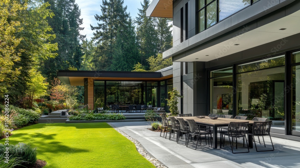 Fototapeta premium Modern house exterior featuring a spacious patio and vibrant landscaping in a sunny setting