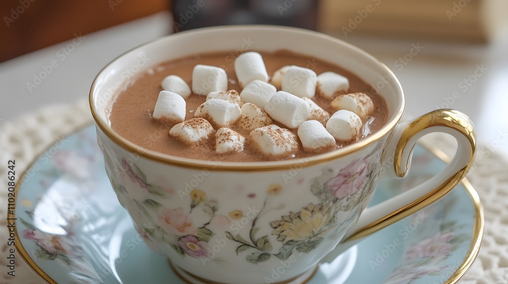 A warm cup of chai spiced hot chocolate, topped with marshmallows A warm cup of chai spiced hot chocolate, topped with marshmallows