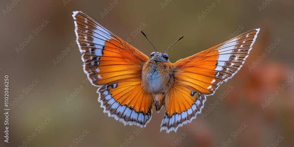 Fototapeta premium This image showcases a vibrant orange and brown butterfly with intricately detailed wings, captured in mid-flight against a blurred natural background