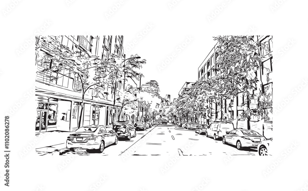 Print Building view with landmark of Vancouver is the city in Western Canada. Hand drawn sketch illustration in vector.