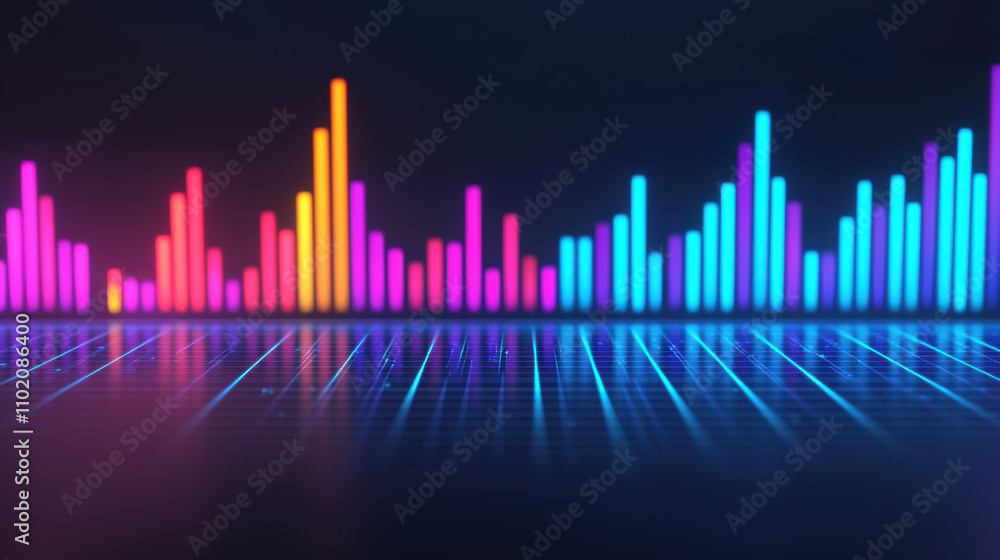 Voice tone rhythm concept. A vibrant audio waveform in neon colors displays sound levels against a dark background, creating a dynamic visual representation of music. Voice tone rhythm concept. A vibrant audio waveform in neon colors displays sound levels against a dark background, creating a dynamic visual representation of music.