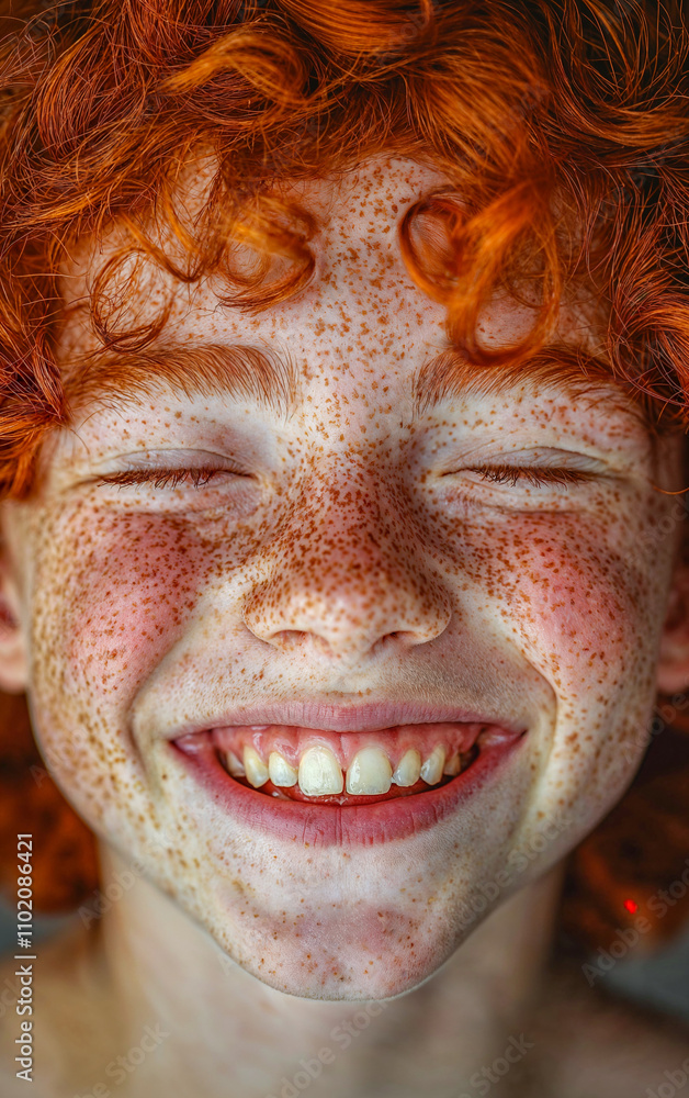 Extreme close-up of a red-haired, freckled-faced child laughing with his eyes closed Extreme close-up of a red-haired, freckled-faced child laughing with his eyes closed