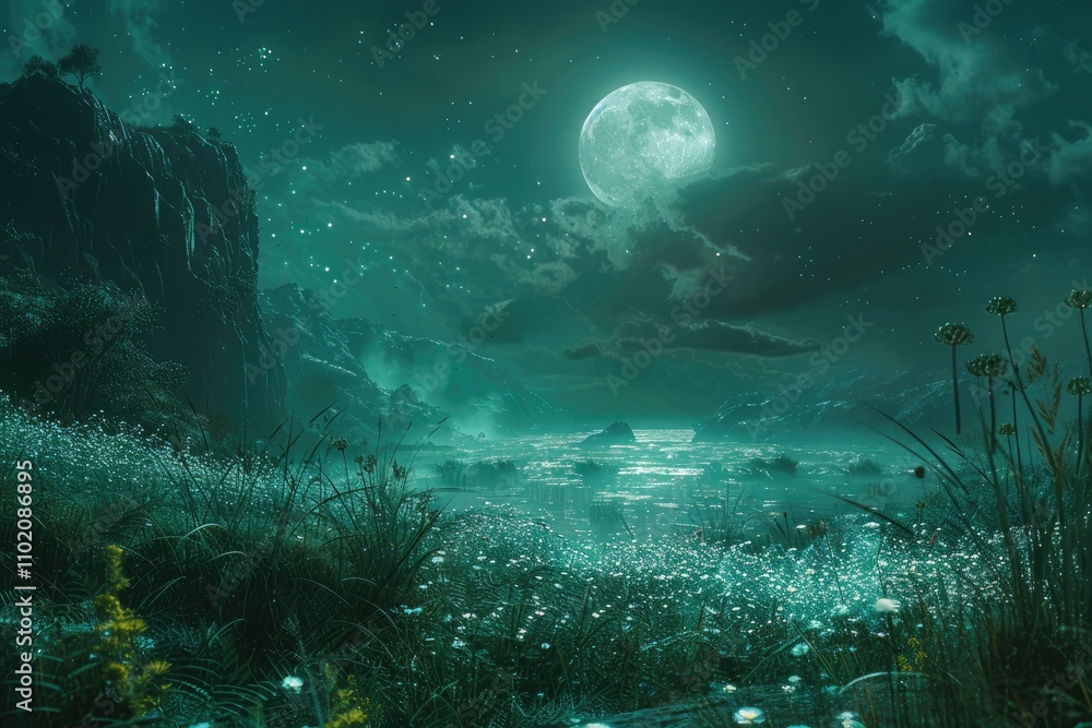 Obraz premium Glowing Flowers in a Dark Forest with a Moon Range in the Background