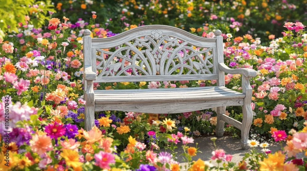 A wooden bench surrounded by vibrant, colorful flowers in full bloom, floral, nature A wooden bench surrounded by vibrant, colorful flowers in full bloom, floral, nature