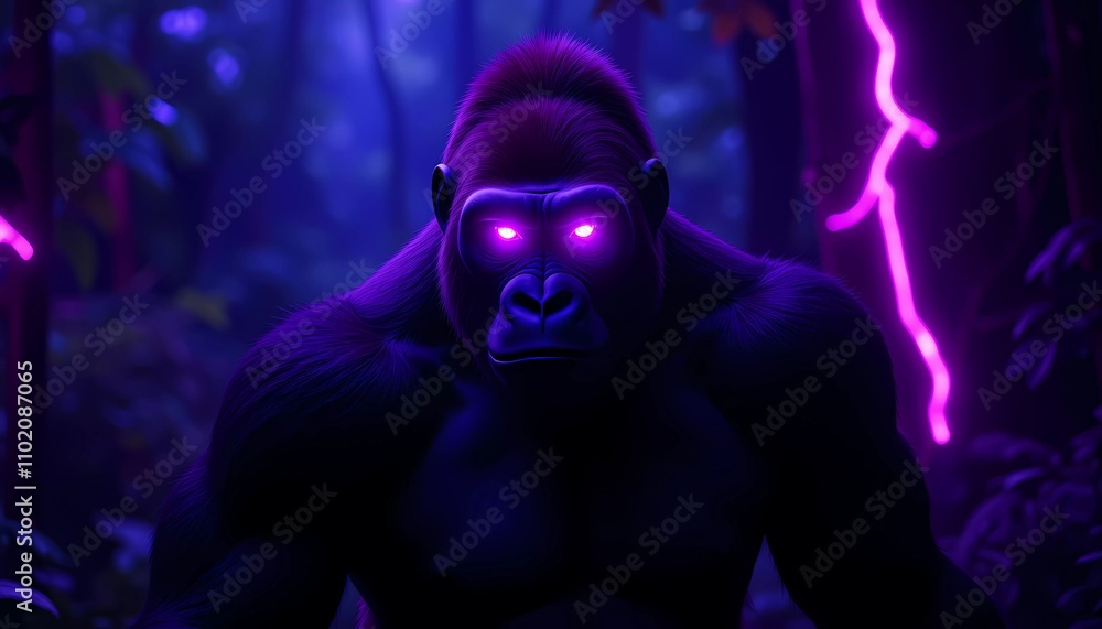 A powerful gorilla stands in a mystical jungle, illuminated by glowing purple eyes. The neon ambiance creates an enchanting and surreal atmosphere, emphasizing the gorilla's strength and mystery. A powerful gorilla stands in a mystical jungle, illuminated by glowing purple eyes. The neon ambiance creates an enchanting and surreal atmosphere, emphasizing the gorilla's strength and mystery.