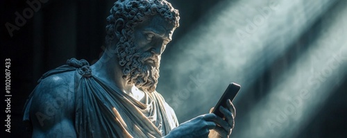 sculpture of an ancient Greek or god holding a smartphone in dark.  Roman statue of  hero browsing social media.classical statue uses modern smartphone. concepts involving technology, history,time photo