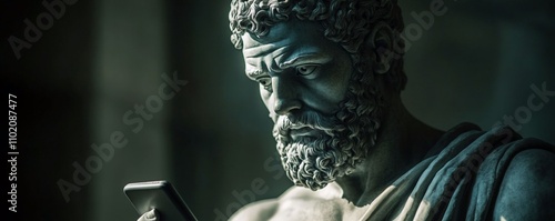 sculpture of an ancient Greek or god holding a smartphone in dark.  Roman statue of  hero browsing social media.classical statue uses modern smartphone. concepts involving technology, history,time
