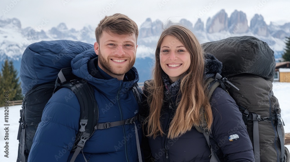A young couple smiles happily while taking a selfie on a mountain hike. They are surrounded by breathtaking snowy peaks under a clear blue sky in the Dolomites A young couple smiles happily while taking a selfie on a mountain hike. They are surrounded by breathtaking snowy peaks under a clear blue sky in the Dolomites