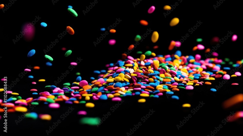 Colorful Candy Sprinkles Falling On Black Background Colorful Candy Sprinkles Falling On Black Background