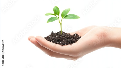 hand holding young plant isolate on white background